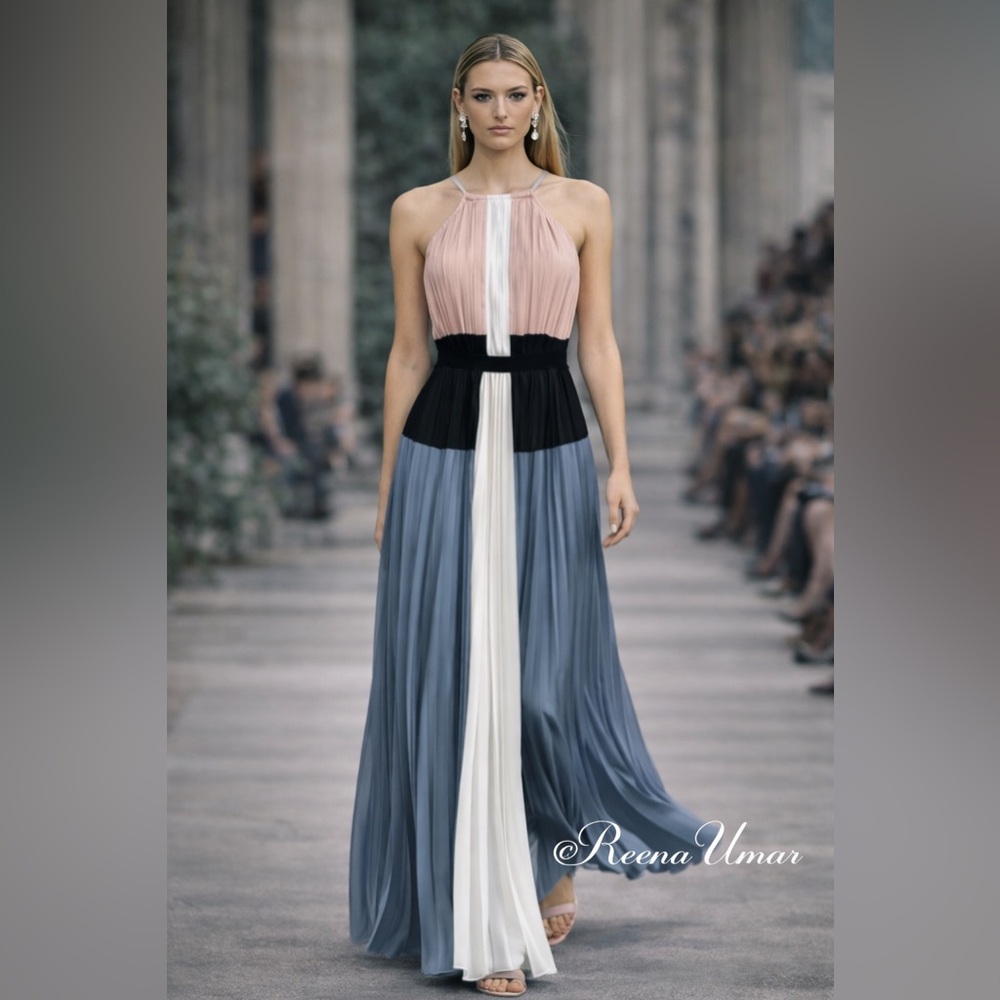 NWT BCBGMaxAzria “CONSTANTINE” Pink & Blue Pleated Maxi Dress – Size XXS